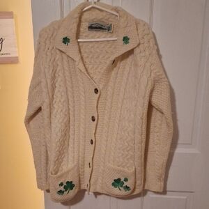Aran Crafts Cream Cardigan with Green Shamrock Details 100% Wool